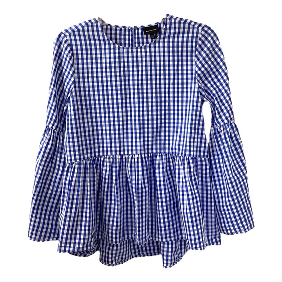 Who What Wear Blue White Gingham Blouse Peplum Hem Bell Sleeve Women's XS - Picture 1 of 14